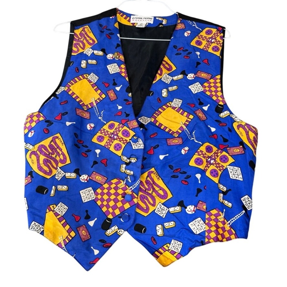 Carol Horn Workshop Vintage Silk Board Game Print Vest Blue Novelty Large